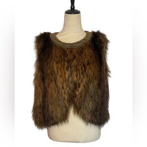 Boston Proper Brown Faux Fur Vest with Beaded Trim
